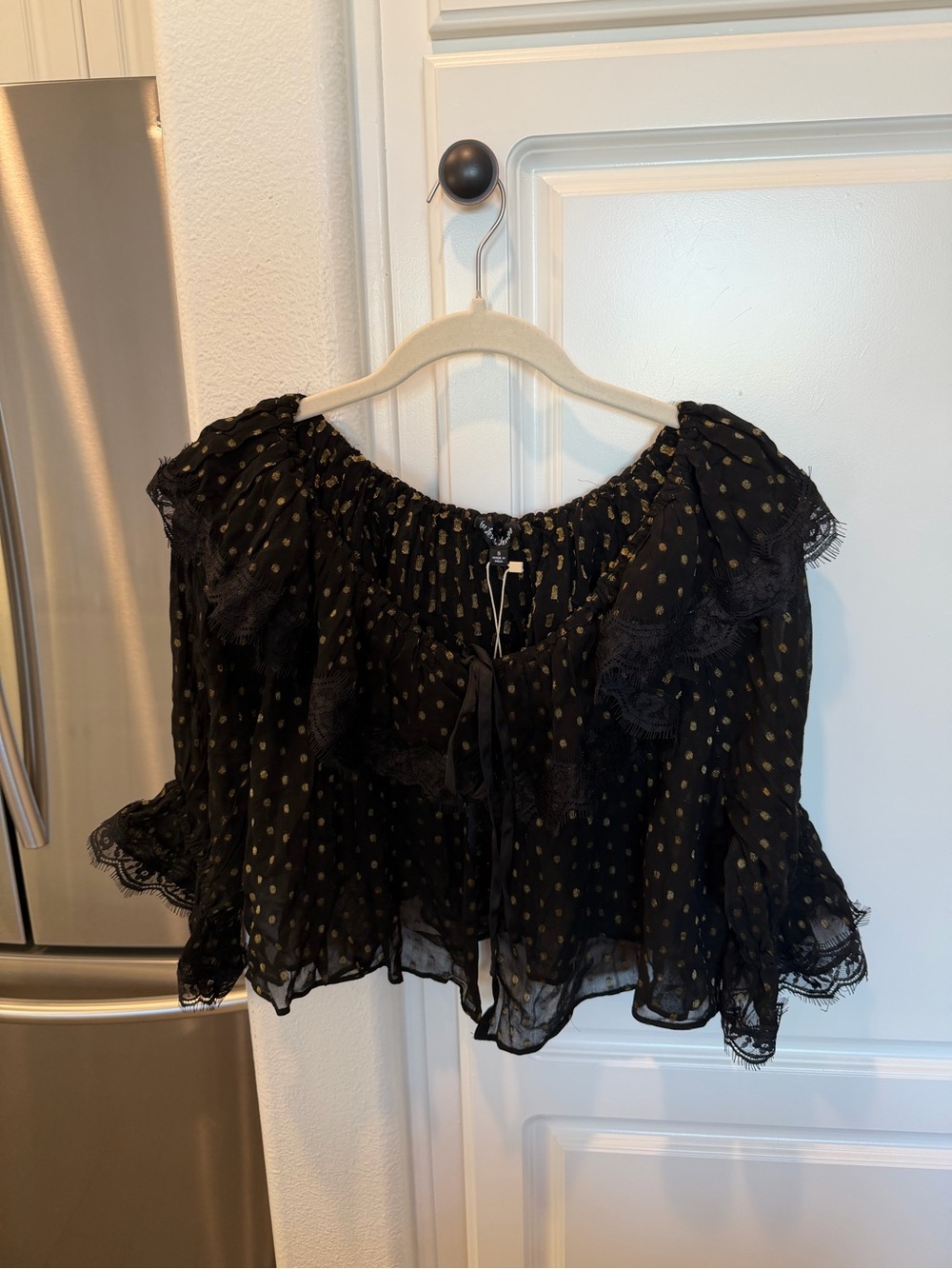 For Love & Lemons Sheer Black & Gold Polka Dot Off-Shoulder Blouse